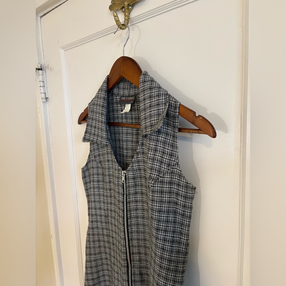 Vintage 90s Sleeveless Gray Plaid Zip-Front Dress with Collar USA Size 3 (XS/S) - Picture 2 of 8